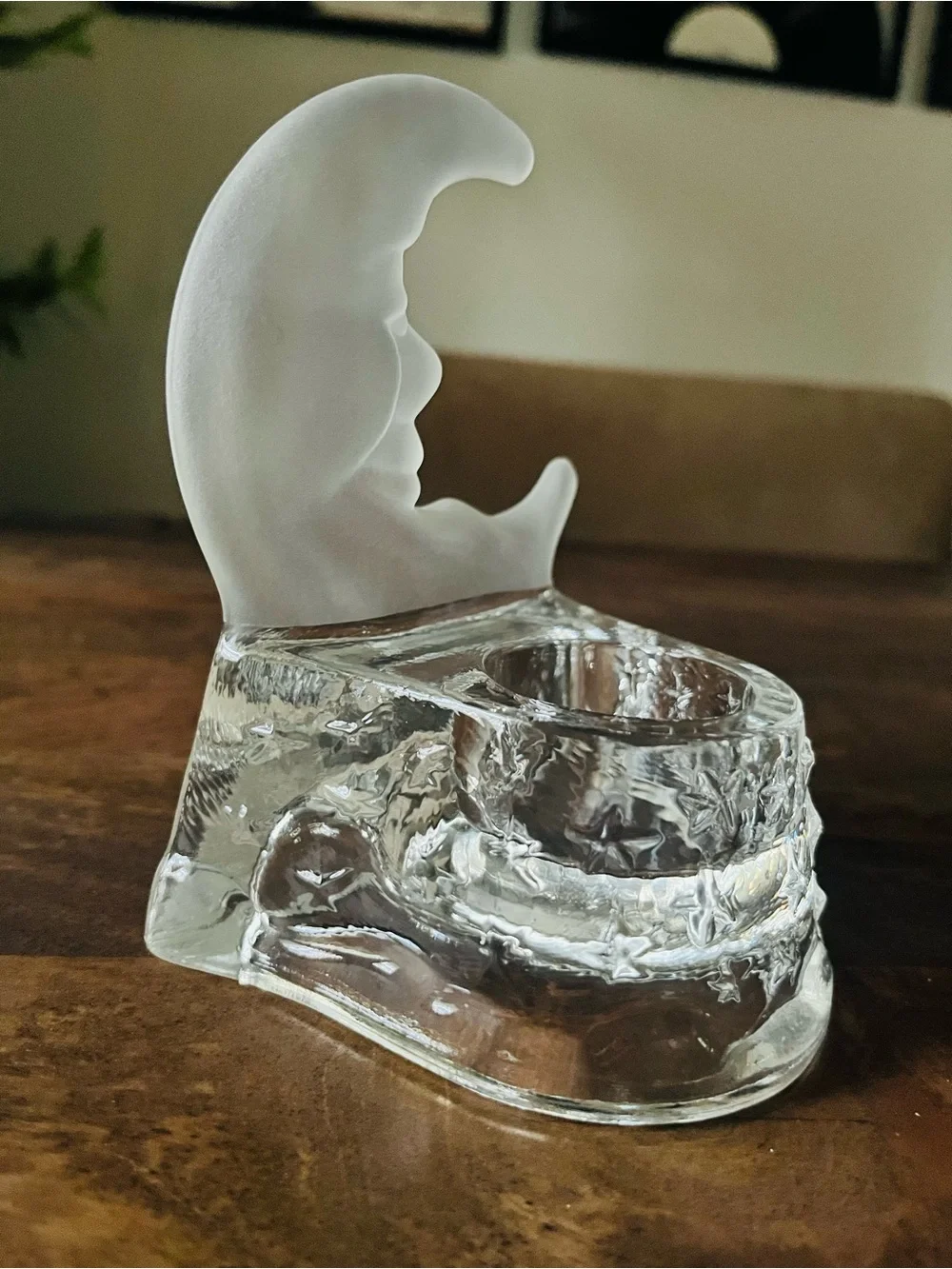 vintage 1990s celestial crescent moon and stars frosted and clear glass tealight